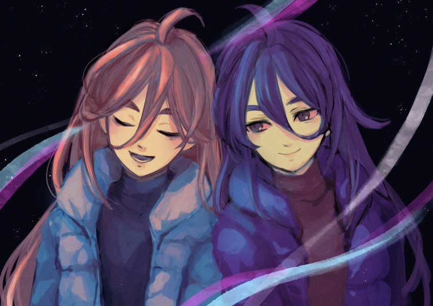 2girls ahoge arm_at_side badeline blue_jacket blue_sweater celeste_(video_game) closed_eyes commentary_request dark_background down_jacket fuwamoko_momen_toufu hair_between_eyes highres jacket leaning_on_person long_hair long_sleeves looking_at_another madeline_(celeste) multiple_girls open_mouth purple_eyes purple_hair purple_jacket red_hair red_sweater side-by-side smile starry_background sweater
