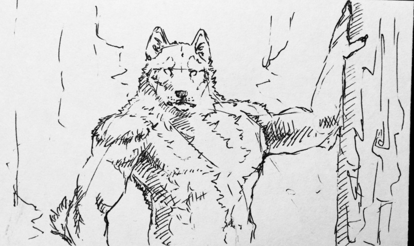 anthro bare_chested canid canine canis claws fur hi_res looking_at_viewer lupesilverwind male mammal monochrome muscular nude pen_and_ink plant simple_background solo tree wolf