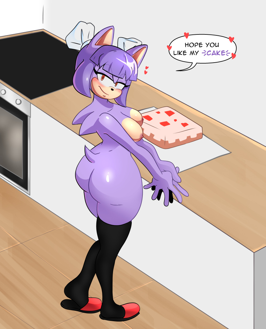 absurd_res anthro bedroom_eyes big_breasts big_butt blush breasts butt cake clothing dessert english_text eulipotyphlan fan_character female food footwear fur hair half-closed_eyes hedgehog hi_res huge_breasts huge_butt kitchen knee_highs knee_socks legwear looking_at_viewer mammal narrowed_eyes nipples nude purple_body purple_fur purple_hair red_eyes seductive sega sexy_eyes shyna_the_hedgehog smile smiling_at_viewer socks solo sonic_the_hedgehog_(series) tail text thick_thighs zettoart