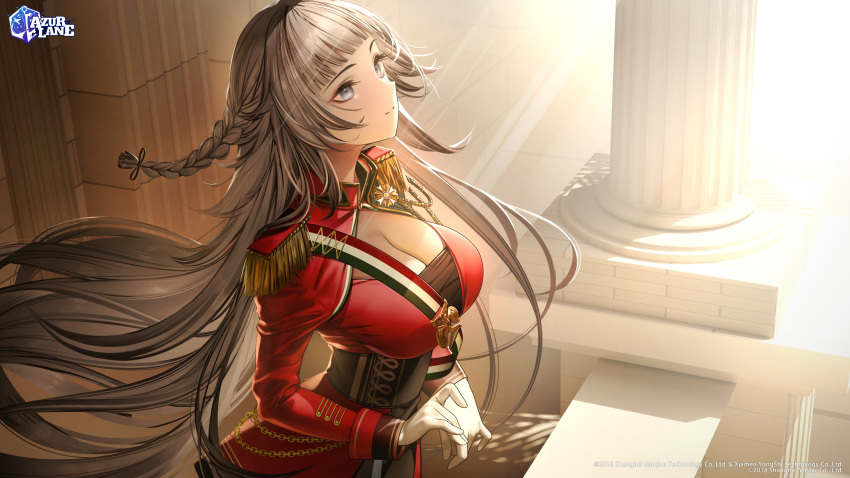 1girl absurdres aiguillette architecture azur_lane bangs blunt_bangs braid breasts chain cleavage closed_mouth column commentary corset cowboy_shot dress epaulettes eyelashes floating_hair from_side gloves greco-roman_architecture grey_eyes grey_hair highres jacket large_breasts light_smile long_hair nanaken_nana official_art pillar red_dress red_jacket shrug_(clothing) smile solo standing sunlight underbust vittorio_veneto_(azur_lane) watermark white_gloves