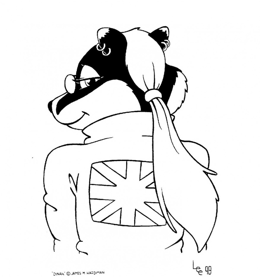 1998 anthro badger clothing desiree_lee dinah_(jmh) ear_piercing ear_ring eyewear female glasses hair hi_res jacket looking_back mammal monochrome mustelid musteline piercing ponytail ring_piercing smile smiling_at_viewer solo topwear union_jack