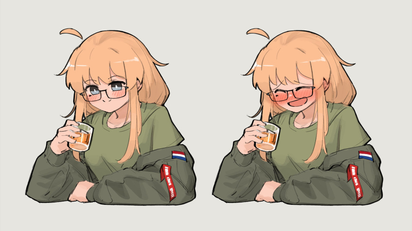 1girl absurdres ahoge alcohol blonde_hair blue_eyes blush cup drunk dutch_flag glasses green_jacket green_shirt grey_background highres holding holding_cup indie_virtual_youtuber jacket long_hair mole mole_under_eye multiple_views semi-rimless_eyewear shirt smile solo under-rim_eyewear upper_body whiskey_project xerbatt