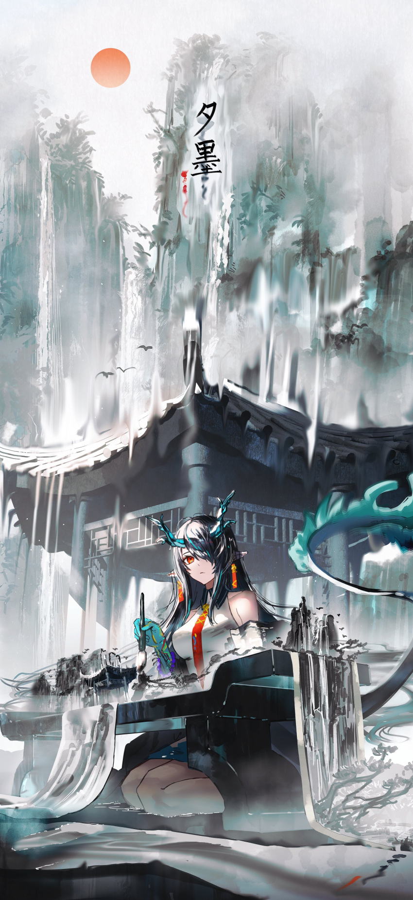 1girl absurdres architecture arknights black_hair breasts building calligraphy_brush colored_skin commentary_request dragon_girl dragon_horns dragon_tail dusk_(arknights) east_asian_architecture feet_out_of_frame frown gawako green_skirt hair_over_one_eye hair_tubes highres holding_calligraphy_brush horns ink large_breasts long_hair looking_at_viewer mountain necktie outdoors pagoda paintbrush paper pointy_ears red_eyes red_necktie seiza shirt sitting skirt sleeveless sleeveless_shirt solo sun tail translation_request tree white_shirt
