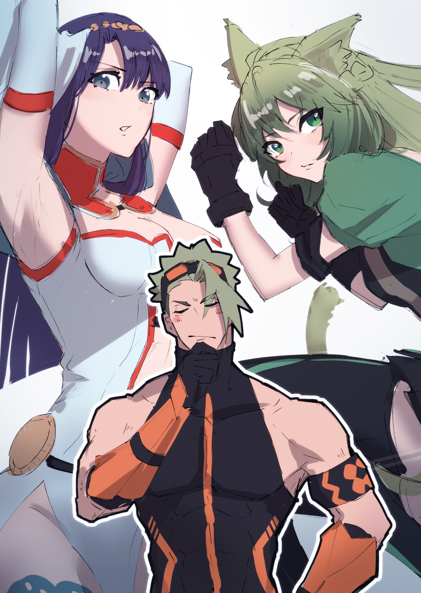 1boy 2girls absurdres achilles_(fate) achilles_(fearless_diver)_(fate) animal_ears armband arms_up atalanta_(fate) black_shirt black_thighhighs blush breasts cleavage closed_eyes detached_collar elbow_gloves fate/grand_order fate_(series) gauntlets gloves goggles goggles_on_head green_eyes green_hair grey_eyes hand_on_own_chin haruakira highres large_breasts large_pectorals leotard long_hair martha_(fate) multiple_girls pectorals purple_hair shirt sleeveless sleeveless_shirt tail thighhighs thinking turtleneck white_background white_gloves white_leotard