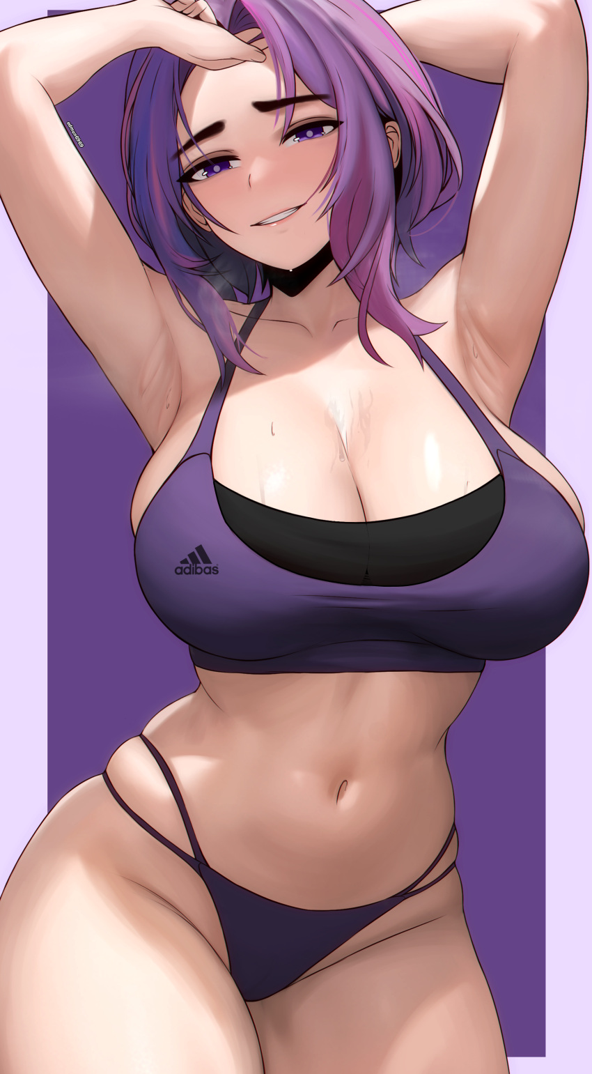 1girl absurdres arm_behind_back armpits arms_up boku_no_hero_academia brand_name_imitation breasts cleavage edmun half-closed_eyes hand_in_own_hair highres lady_nagant large_breasts looking_at_viewer mature_female medium_hair multi-strapped_panties multicolored_hair navel panties parted_lips pink_hair presenting_armpit purple_background purple_eyes purple_hair purple_panties purple_sports_bra revision smile solo sports_bra stomach streaked_hair sweat thighs two-tone_hair underwear