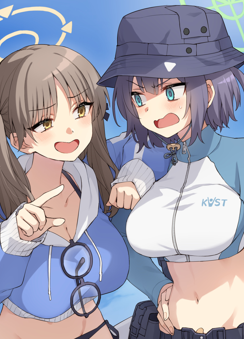 2girls absurdres aqua_eyes belt bikini black_headwear blue_archive blue_hoodie blue_jacket blush breasts brown_hair bucket_hat cropped_hoodie cropped_jacket glasses grey_hair halo hat highres hood hoodie jacket large_breasts long_hair long_sleeves looking_at_another moe_(blue_archive) moe_(swimsuit)_(blue_archive) multicolored_clothes multicolored_jacket multiple_girls navel official_alternate_costume open_mouth pouch raglan_sleeves rash_guard round_eyewear saki_(blue_archive) saki_(swimsuit)_(blue_archive) short_hair sidelocks somechime_(sometime1209) swimsuit twintails two-tone_jacket utility_belt white_jacket yellow_eyes