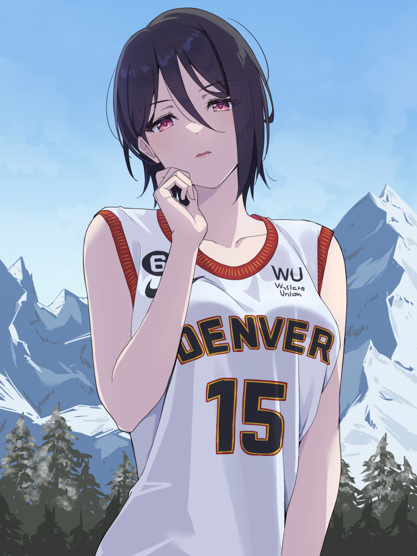 1girl ball bang_dream! basketball basketball_(object) basketball_jersey basketball_uniform black_hair breasts denver_nuggets forest hair_between_eyes highres large_breasts looking_at_viewer mountain national_basketball_association nature nikola_jokic open_mouth pink_eyes purple_eyes short_hair solo sportswear standing yashio_rui yazawa_happyaro