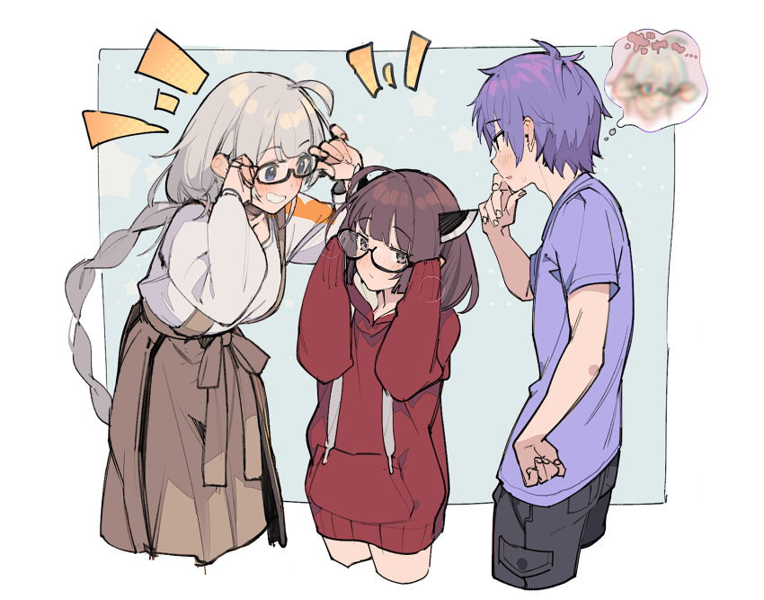 1boy 2girls a.i._voice ahoge alternate_costume bespectacled black_pants blade blue_background blush border braid breasts brown_hair brown_skirt closed_mouth commentary_request cropped_legs glasses green_hoodie grey_eyes grey_hair grin hands_up headgear highres holding holding_eyewear hood hood_down hoodie imagining kizuna_akari kizuna_akari_(a.i._voice) large_breasts long_hair long_skirt long_sleeves looking_at_viewer multiple_girls multiple_views no_pants nose_blush notice_lines open_mouth outside_border pants purple_hair purple_shirt semi-rimless_eyewear shirinda_fureiru shirt short_hair short_sleeves skirt sleeves_past_fingers sleeves_past_wrists smile star_(symbol) suspender_skirt suspenders t-shirt thought_bubble touhoku_kiritan translation_request underbust very_long_hair voiceroid white_border white_shirt yuzuki_yukari's_younger_twin_brother