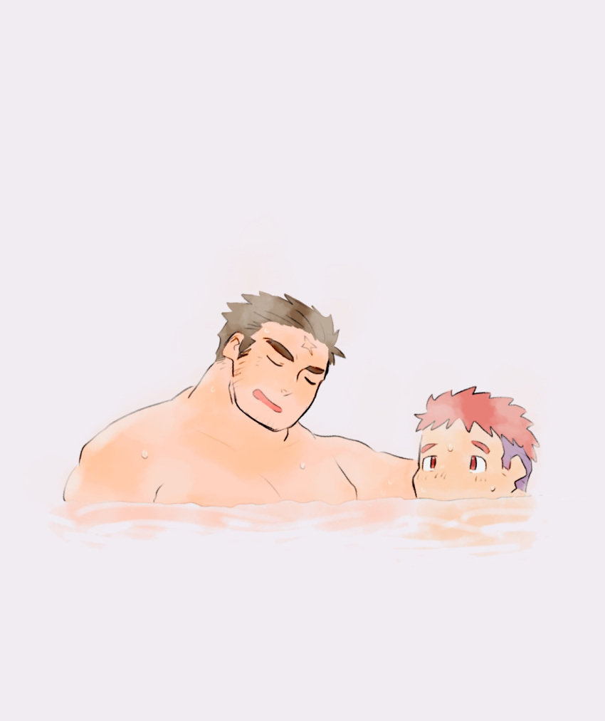 2boys akadako_(cheeseice) alternate_body_hair bara blush brown_hair closed_eyes cropped_torso cross_scar facial_hair goatee highres houzouin_oniwaka large_pectorals long_sideburns looking_at_another male_focus mature_male multiple_boys muscular muscular_male nude onsen partially_submerged pectorals scar scar_on_face scar_on_forehead short_hair sideburns sleeping steam thick_eyebrows tokyo_afterschool_summoners wavy_mouth wet yakushimaru_ryota