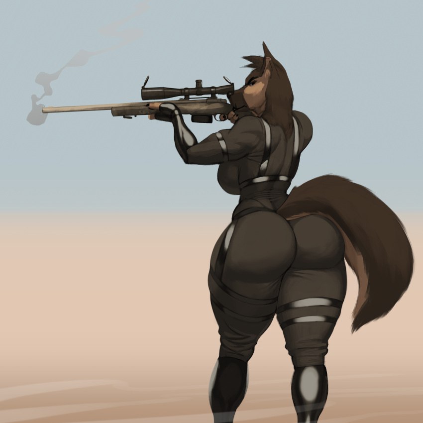 absurd_res aiming_weapon anthro big_breasts big_butt black_sclera breasts brown_body brown_fur butt canid canine canis domestic_dog female fur grey_eyes gun hi_res holding_object holding_weapon mammal mouth_closed outside popogori ranged_weapon rifle sniper_rifle solo standing tail weapon