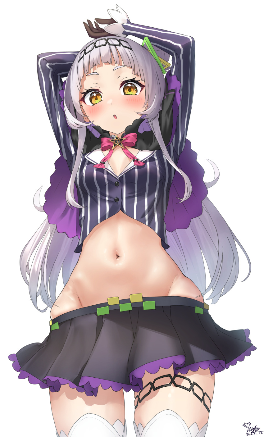 1girl absurdres blush bow bowtie capelet crop_top from_below gloves grey_hair hair_ornament highres hololive long_hair long_sleeves looking_at_viewer midriff miniskirt murasaki_shion nanaushi navel open_mouth parted_lips shirt simple_background skirt solo striped striped_shirt thighhighs vertical-striped_shirt vertical_stripes virtual_youtuber white_background white_thighhighs yellow_eyes zettai_ryouiki