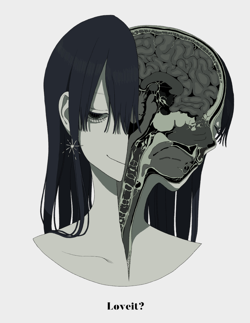 1girl anatomy black_hair brain collarbone commentary cropped_shoulders cross-section dilated_pupils earrings empty_eyes english_text evil_smile eyelashes half-closed_eyes highres jewelry long_hair looking_at_viewer loveit_(vocaloid) one_eye_closed organs original panda23577667 parody smile solo song_name split_head white_background