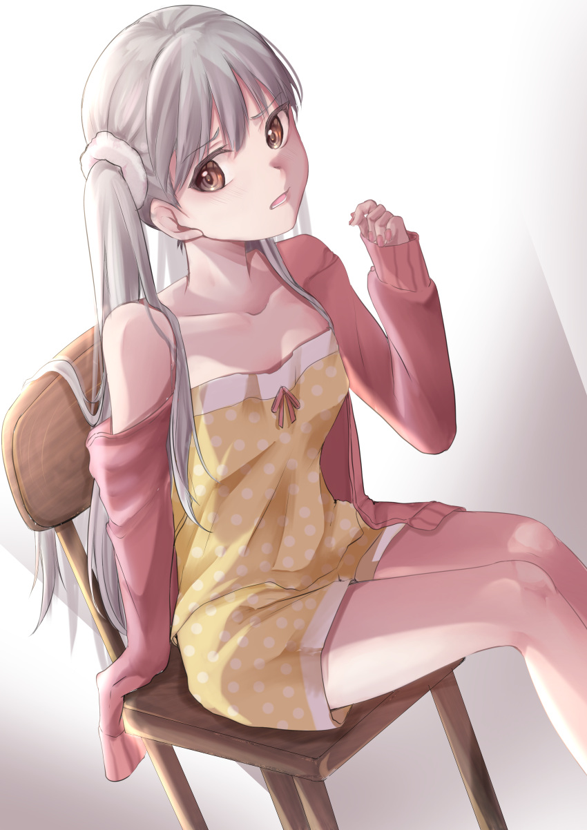 1girl absurdres arm_support breasts brown_eyes camisole cardigan chair collarbone commentary curled_fingers dutch_angle gradient_background grey_hair hair_between_eyes hair_over_shoulder hand_up highres light_blush long_hair looking_at_viewer looking_to_the_side meemz_a monogatari_(series) off_shoulder oikura_sodachi open_mouth owarimonogatari pajamas pink_cardigan pink_nails polka_dot polka_dot_pajamas romaji_commentary scrunchie shorts single_bare_shoulder sitting sleeves_past_fingers sleeves_past_wrists small_breasts solo twintails very_long_hair white_background white_scrunchie worried yellow_camisole yellow_pajamas yellow_shorts