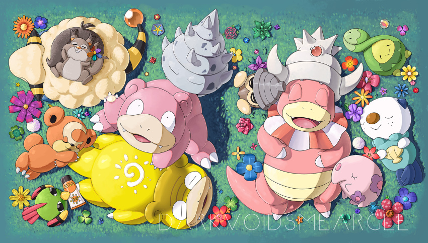 :d artist_name budew closed_eyes commentary darkvoiddoble fangs flower from_above grass highres lying munna natu no_humans on_back open_mouth oshawott pokemon pokemon_(creature) seedot skwovet sleeping slowbro slowking smile teddiursa tongue