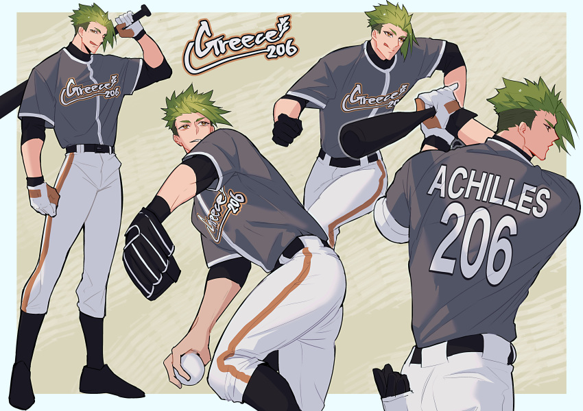 1boy absurdres achilles_(fate) baseball baseball_bat baseball_mitt baseball_uniform belt black_belt black_shirt border character_name fate/grand_order fate_(series) gloves green_hair grey_shirt haruakira highres holding holding_baseball_bat male_focus multiple_views muscular muscular_male pants pitching running shirt short_hair sleeves_past_elbows sportswear swinging undercut white_gloves white_pants