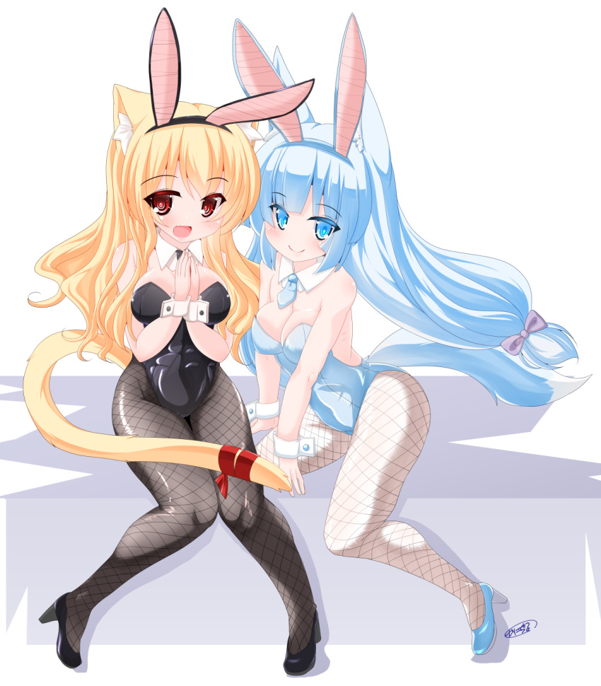 2girls animal_ears bare_shoulders black_footwear black_hairband black_leotard blonde_hair blue_eyes blue_footwear blue_hair blue_hairband blue_leotard bow breasts cat_ears cat_girl cat_tail cleavage collar commentary_request detached_collar fake_animal_ears fishnet_pantyhose fishnets grey_pantyhose groin hair_bow hairband high_heels highres kanijiru large_breasts leotard long_hair multiple_girls original own_hands_together pantyhose playboy_bunny purple_bow rabbit_ears red_eyes red_ribbon ribbon shoes signature strapless strapless_leotard tail tail_ornament tail_ribbon very_long_hair white_background white_collar wing_collar wrist_cuffs