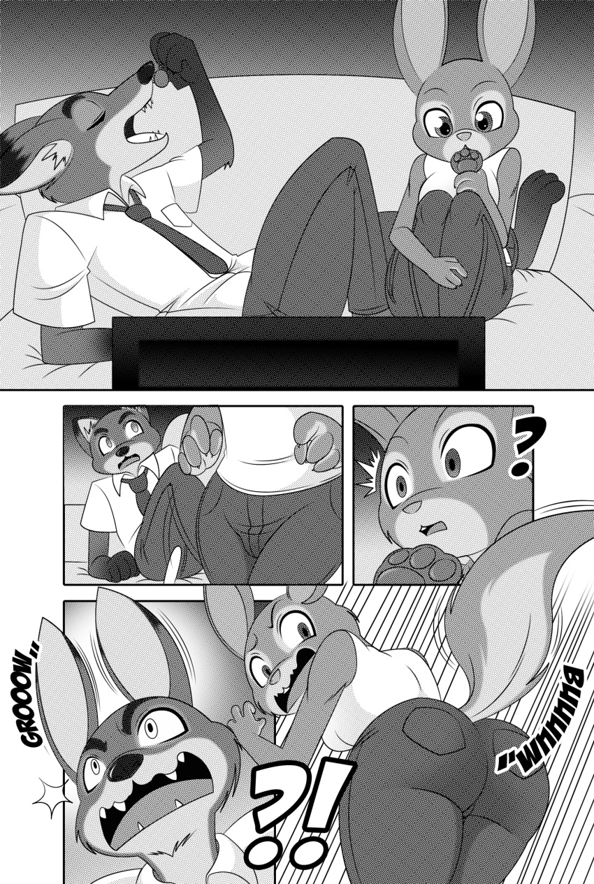 alternate_species anthro black_and_white blueberry_(fruit) boastudio canid canine clothed clothing disney duo ear_growth female food fox fruit furniture growth hi_res judy_hopps lagomorph leporid male mammal monochrome nick_wilde plant popsicle rabbit sofa species_transformation tail_growth teeth television tongue transformation watching_tv zootopia