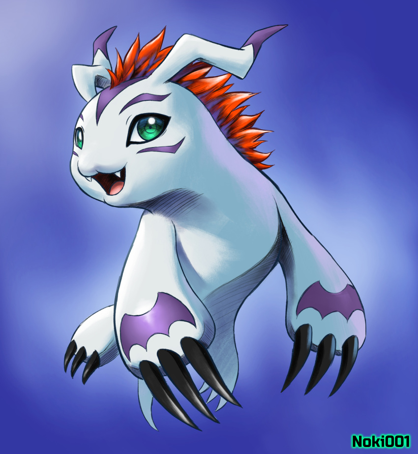 2020 absurd_res ambiguous_gender bandai_namco black_claws claws digimon digimon_(species) digital_media_(artwork) facial_markings fangs feral gomamon hair head_markings hi_res mammal marine markings noki001 open_mouth open_smile orange_hair pinniped purple_markings seal smile solo tail teeth white_body