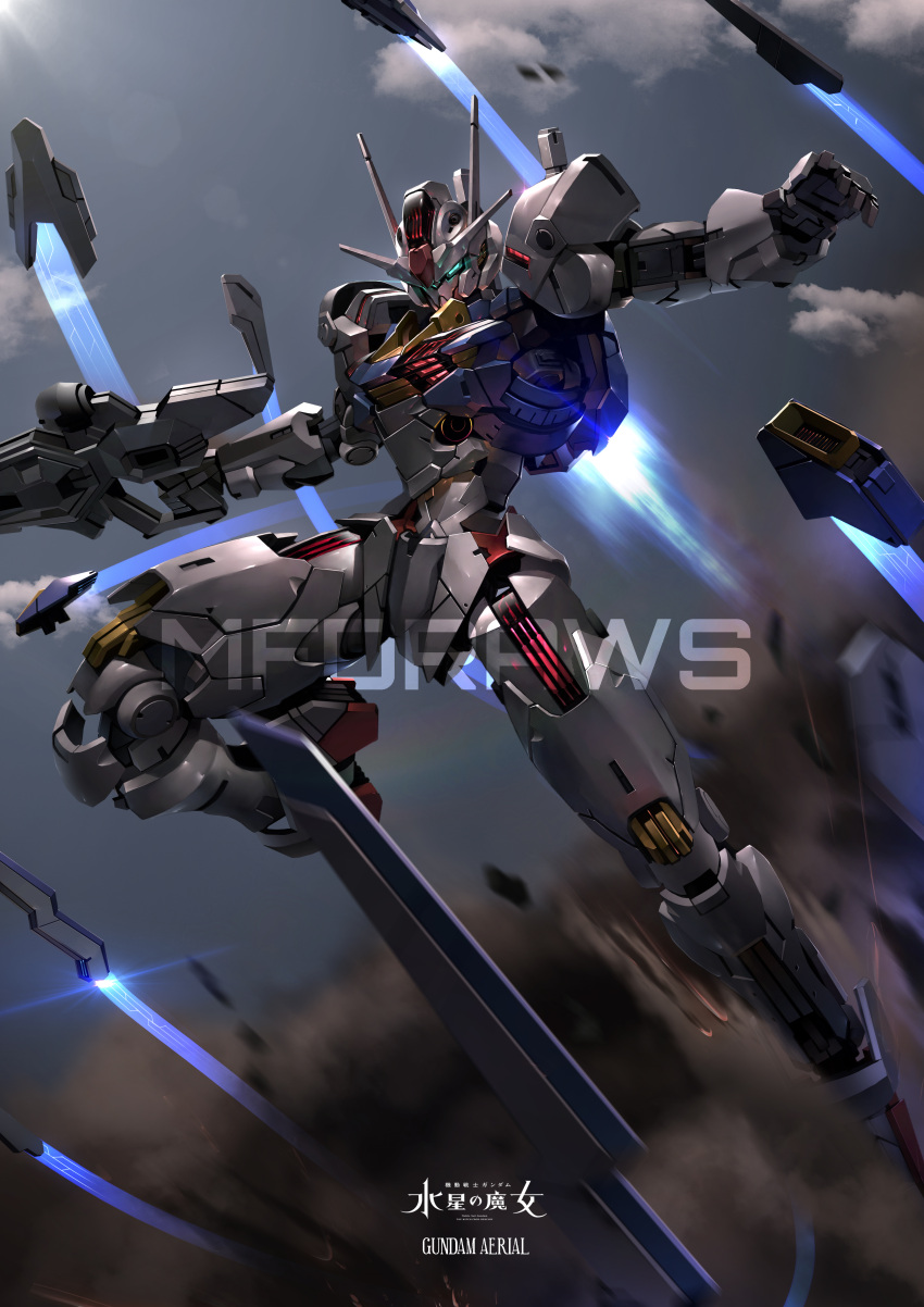 absurdres beam_rifle bit_(gundam) brayanong999 character_name cloud cloudy_sky commentary copyright_name energy_gun english_text exhaust green_eyes gun gundam gundam_aerial gundam_suisei_no_majo highres holding holding_gun holding_weapon mecha mobile_suit no_humans robot science_fiction sky smoke solo v-fin watermark weapon