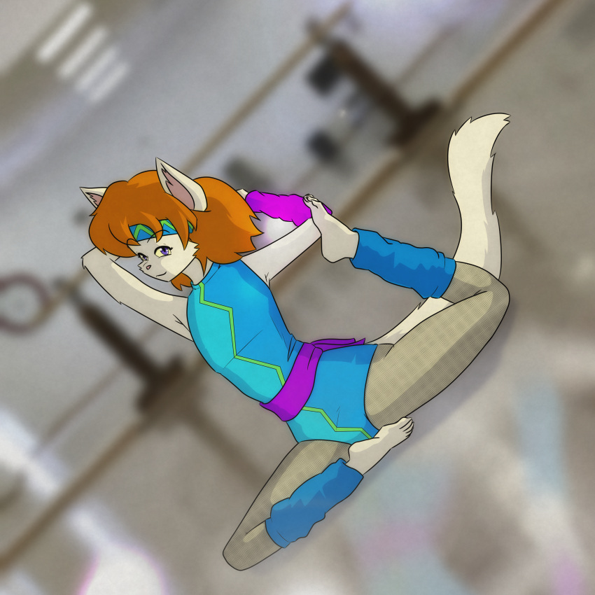 2023 absurd_res aerobics anthro clothing digital_media_(artwork) farrah_furcett felid felin female flat_chested hair hi_res kawaoneechan leg_warmers legwear leotard looking_at_viewer mammal solo spandex stretching sweatband tail tight_clothing wrist_warmers