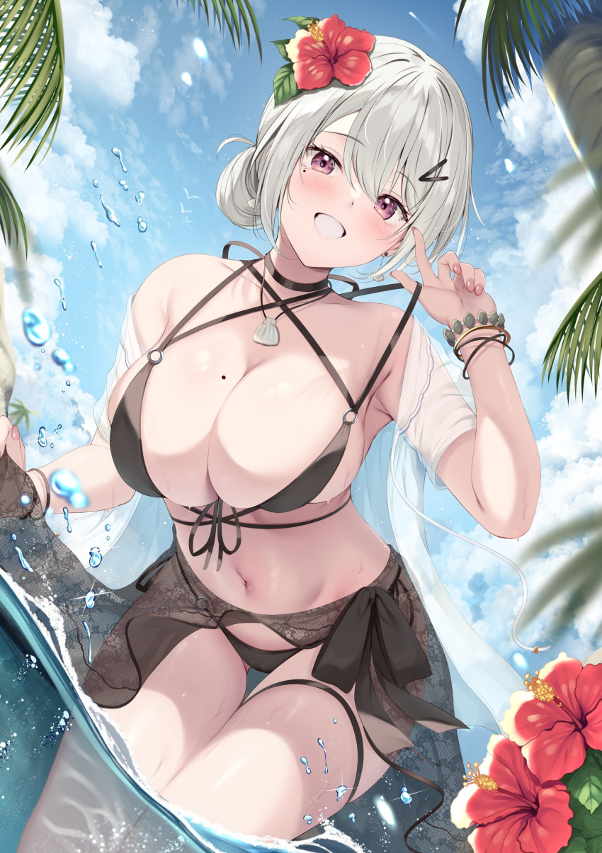 1girl armpits bare_shoulders bikini black_bikini black_choker bracelet breasts choker cleavage criss-cross_halter dutch_angle flower front-tie_bikini_top front-tie_top grin hair_bun hair_flower hair_ornament hairclip halterneck hand_up highres jewelry large_breasts long_hair looking_at_viewer mole mole_on_breast mole_under_eye multi-strapped_bikini navel o-ring o-ring_bikini open_clothes original red_eyes sarong see-through side-tie_bikini_bottom skindentation smile solo stomach string_bikini swimsuit thigh_gap thigh_strap thighs tomoo_(tomo) wading wet white_hair