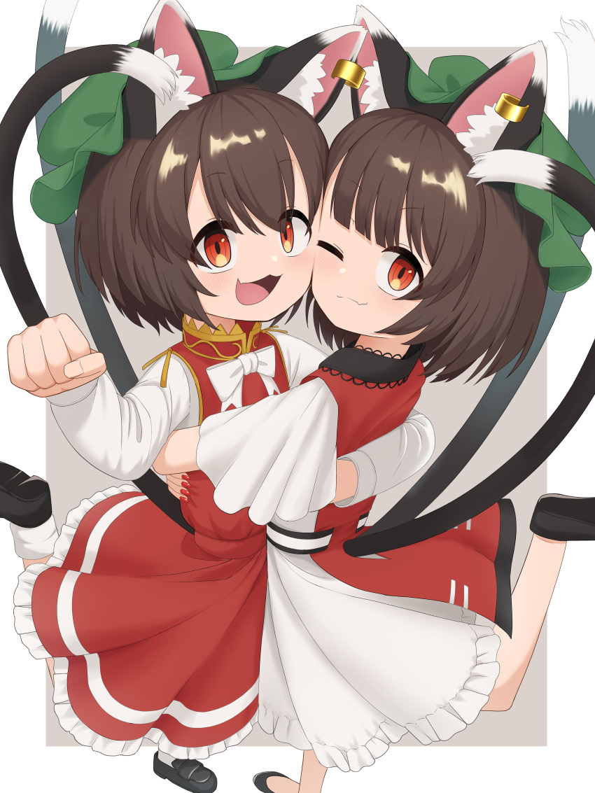 2girls :3 :d absurdres animal_ear_fluff animal_ear_piercing animal_ears arm_up asakura_haru blunt_bangs brown_hair cat_ears cat_tail chen commentary_request double-parted_bangs earrings foreshortening foul_detective_satori from_above gold_trim green_headwear hat highres hug jewelry light_blush long_sleeves looking_at_viewer mob_cap multiple_girls multiple_tails nail_polish nekomata no_socks open_mouth paw_pose petite red_eyes red_nails red_skirt red_tabard red_vest selfcest short_hair short_sleeves single_earring skirt skirt_set smile standing standing_on_one_leg tabard tail touhou two_tails vest yuri