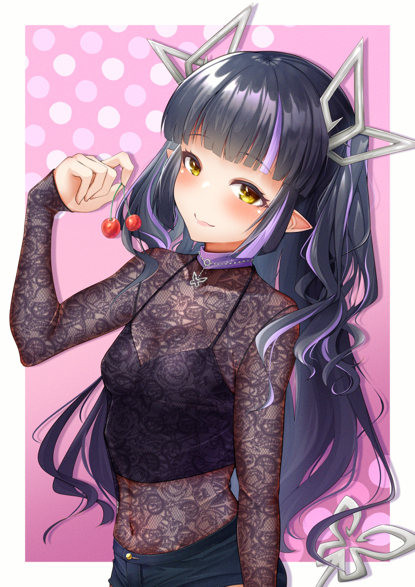 1girl absurdres alternate_costume black_camisole black_hair black_shorts blunt_bangs blush breasts camisole cherry closed_mouth commentary_request crop_top demon_girl demon_horns demon_tail food fruit highres holding holding_food holding_fruit horns kojo_anna lace_shirt long_hair long_sleeves looking_at_viewer medium_bangs medium_breasts midriff multicolored_hair nanashi_inc. navel pink_background pointy_ears purple_hair robou_no_stone see-through see-through_cleavage see-through_shirt shorts smile solo tail two-tone_hair two_side_up upper_body virtual_youtuber white_background yellow_eyes