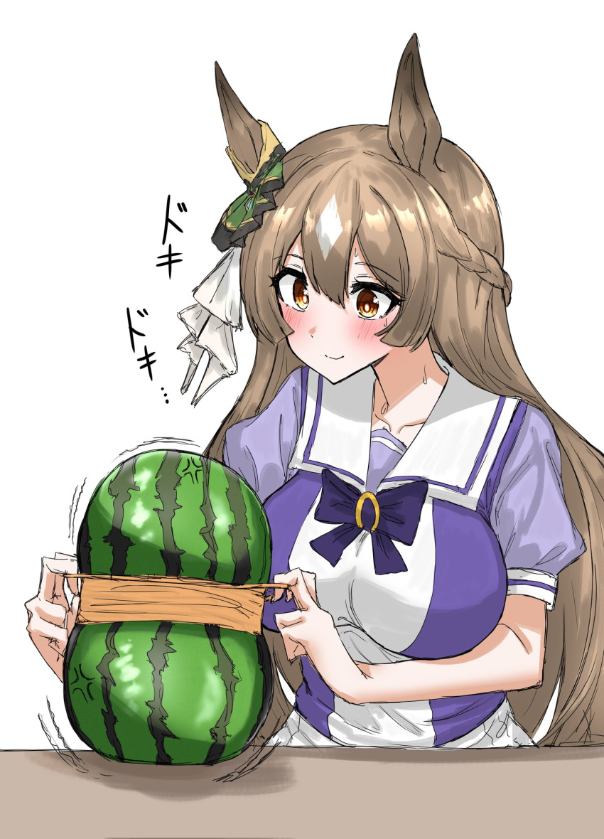 1girl animal_ears breasts brown_eyes brown_hair closed_mouth collarbone exploding_watermelon_challenge food fruit hair_between_eyes hair_ornament highres horse_ears kumiyabe large_breasts long_hair rubber_band satono_diamond_(umamusume) school_uniform simple_background solo sweat table tracen_school_uniform translation_request umamusume watermelon white_background