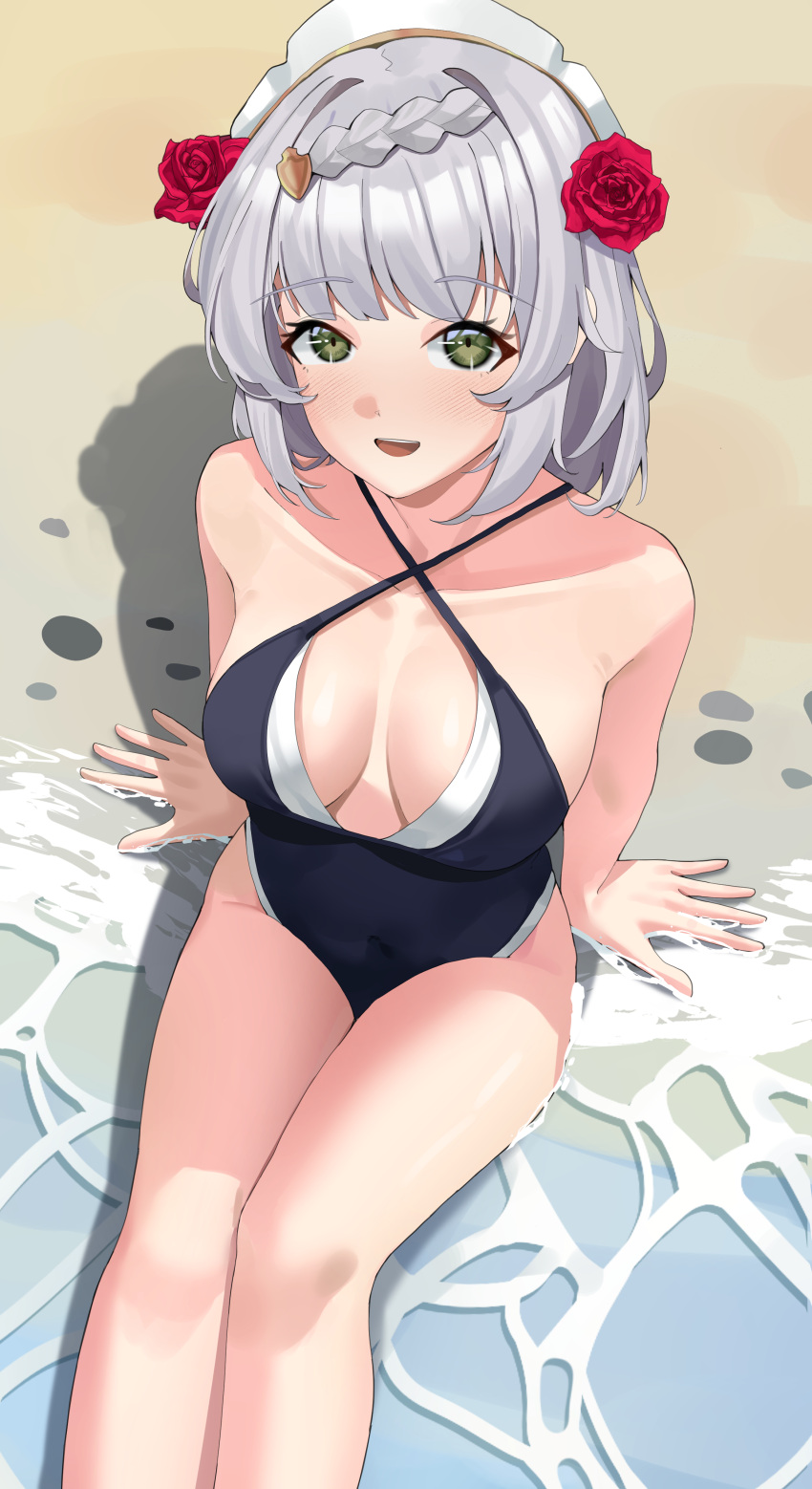 1girl absurdres beach black_one-piece_swimsuit blunt_bangs blush breasts cleavage day flower genshin_impact green_eyes grey_hair haerge hair_flower hair_ornament highres looking_at_viewer looking_up maid_headdress medium_breasts noelle_(genshin_impact) one-piece_swimsuit open_mouth outdoors red_flower red_rose rose sand shore short_hair sitting smile solo swimsuit two-tone_one-piece_swimsuit water