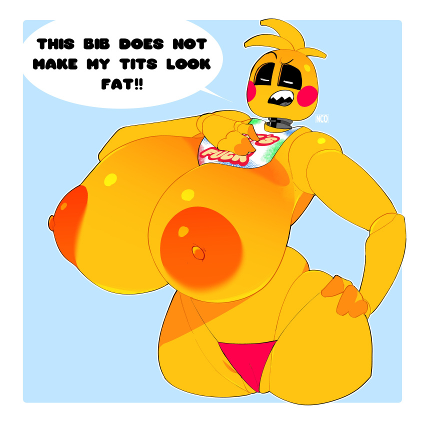 absurd_res animatronic anthro areola avian beakless bib big_breasts bird black_sclera blush blush_stickers breasts chicken clothing english_text exclamation_point eyes_closed female five_nights_at_freddy's five_nights_at_freddy's_2 galliform gallus_(genus) hand_on_hip hi_res huge_breasts machine nipples non-mammal_breasts open_mouth orange_areola orange_nipples phasianid profanity robot scottgames sharp_teeth solo teeth text thong toy_chica_(fnaf) underwear yeehawt0wn yellow_body