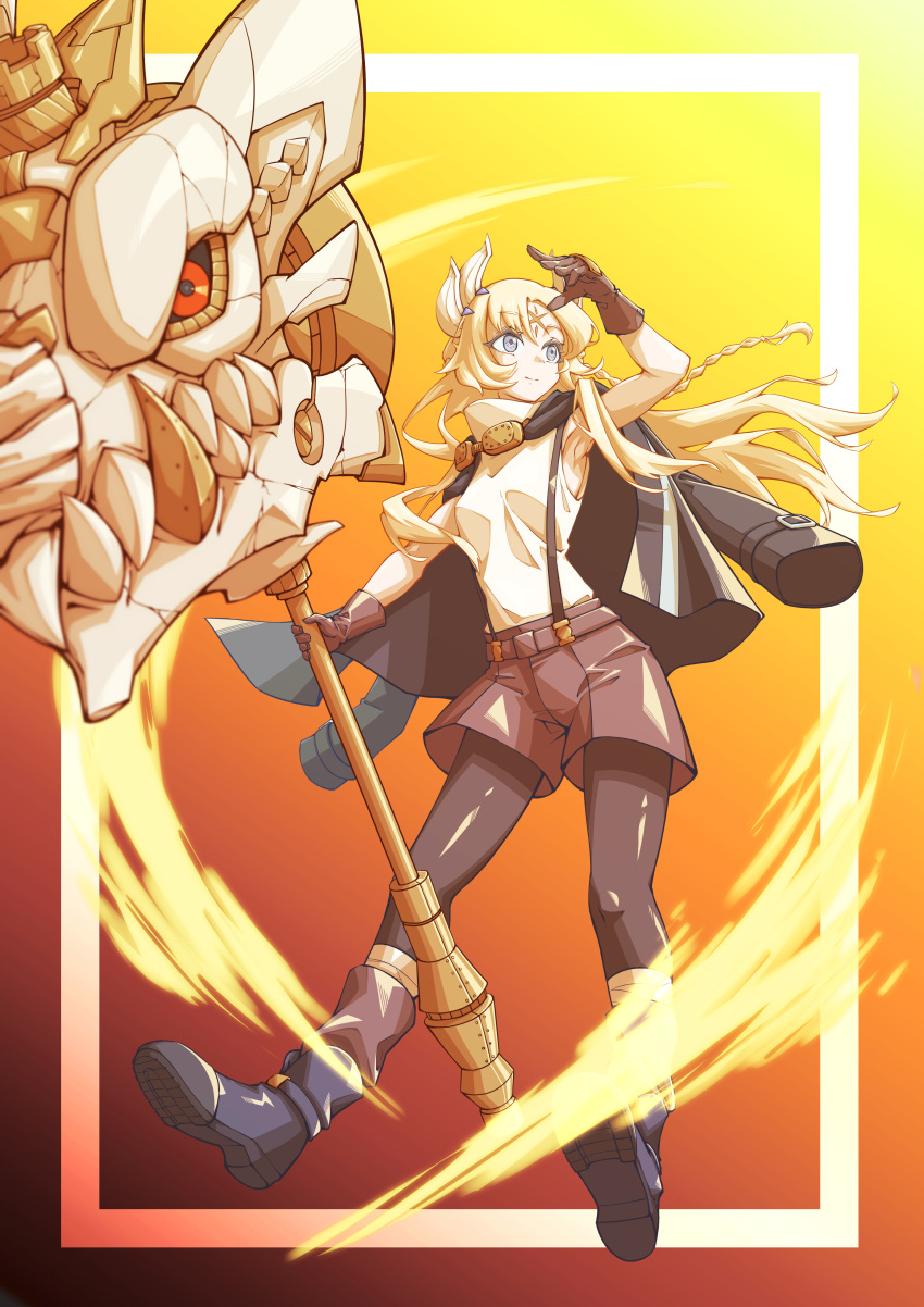 1girl absurdres arm_up black_sclera blonde_hair boots braid brown_gloves colored_sclera duel_monster ecclesia_(yu-gi-oh!) facial_mark fake_horns floating_hair forehead_mark full_body gloves grey_eyes hammer highres holding holding_hammer horns incredible_ecclesia_the_virtuous jacket jacket_on_shoulders long_hair maple_(maple_alt) pantyhose red_eyes shirt shorts skull sleeveless sleeveless_shirt solo suspender_shorts suspenders yu-gi-oh!
