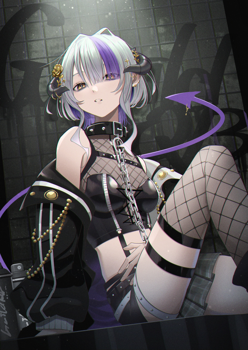 1girl absurdres bare_shoulders black_collar black_horns black_jacket black_shirt black_shorts breasts chain chained cleavage collar colored_inner_hair commentary_request cropped_shirt ear_piercing fishnet_thighhighs fishnets grey_hair highres horns jacket long_hair long_sleeves looking_at_viewer midriff multicolored_hair off_shoulder original parted_lips piercing purple_hair purple_tail see-through see-through_cleavage shirt shorts sitting small_breasts solo spiked_collar spikes streaked_hair tamakawa_miho thigh_strap thighhighs yellow_eyes