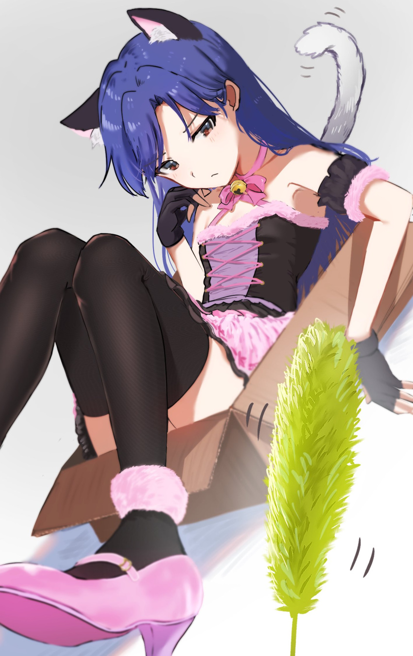 1girl animal_ears ankle_cuffs arm_scrunchie bare_shoulders black_gloves black_thighhighs blue_hair blush box brown_eyes cat_ears cat_tail cat_teaser closed_mouth dress dutch_angle fake_animal_ears fake_tail fingerless_gloves flat_chest fur-trimmed_dress fur_trim gloves grey_background hand_up high_heels highres idolmaster idolmaster_(classic) idolmaster_million_live! idolmaster_million_live!_theater_days in_box in_container kisaragi_chihaya knees_up long_hair looking_at_viewer lying miyagi motion_lines neck_ribbon on_back pink_footwear pink_ribbon ribbon shadow simple_background solo strapless strapless_dress tail thighhighs two-tone_dress two-tone_scrunchie zettai_ryouiki