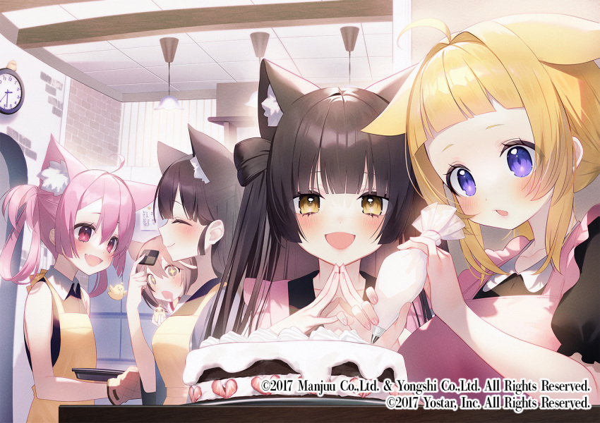 +_+ 5girls :d ahoge alternate_costume animal_ear_fluff animal_ears apron ariake_(azur_lane) asagi_yuna azur_lane baking baking_sheet black_hair black_shirt blonde_hair brown_hair cake cat_ears cat_girl character_request check_character checkerboard_cookie clock closed_eyes closed_mouth collared_shirt commentary_request company_name cookie copyright drooling fang food fruit gloves hair_rings hanging_light hatsuharu_(azur_lane) hatsushimo_(azur_lane) holding holding_food indoors long_hair looking_at_food manjuu_(azur_lane) mouth_drool multiple_girls official_art open_mouth oven_mitts pastry_bag pink_eyes pink_hair puffy_short_sleeves puffy_sleeves purple_eyes shirt short_hair short_sleeves sleeveless sleeveless_shirt smile squirrel_girl steepled_fingers strawberry wakaba_(azur_lane) yellow_apron yellow_eyes yuugure_(azur_lane)