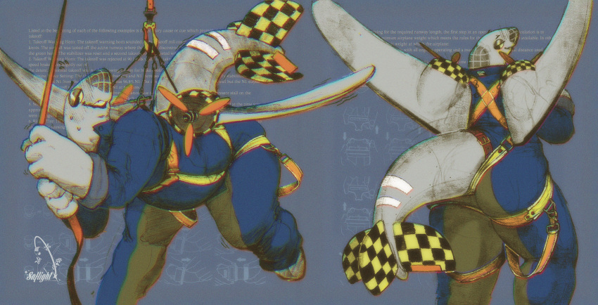 abstract_background aircraft ambiguous_gender anthro blushing_yokai bodily_fluids clothed clothing collage english_text half-closed_eyes harness hi_res jumpsuit living_aircraft living_machine living_vehicle looking_back machine male_(lore) narrowed_eyes slightly_chubby solo sweat text thick_thighs vehicle wings