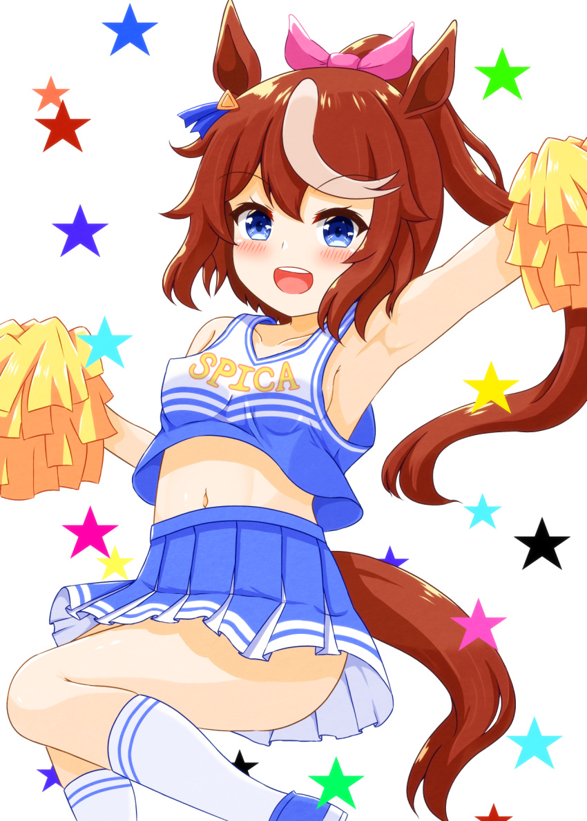 1girl animal_ears arm_up armpits azuma_satsuki bare_shoulders blue_eyes blue_footwear blue_shirt blue_skirt blush bow breasts brown_hair cheerleader commentary_request foot_out_of_frame hair_between_eyes highres holding holding_pom_poms horse_ears horse_girl horse_tail long_hair looking_at_viewer midriff multicolored_hair navel open_mouth pink_bow pleated_skirt pom_pom_(cheerleading) pon shirt skirt small_breasts smile solo streaked_hair tail teeth tokai_teio_(umamusume) umamusume upper_teeth_only white_hair