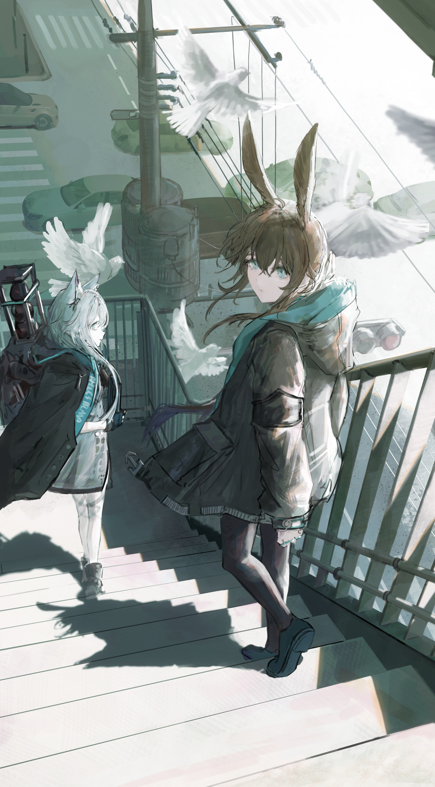 2girls absurdres amiya_(arknights) animal_ears arknights arm_at_side bird black_footwear black_gloves black_jacket black_pantyhose blue_eyes brown_hair car cat_ears cat_girl commentary dove dress fingerless_gloves full_body gloves hand_up highres hood hooded_jacket jacket jacket_on_shoulders jewelry long_hair looking_at_viewer looking_back motor_vehicle multiple_girls multiple_rings muted_color nueegochi outdoors pantyhose parking_lot rabbit_ears railing ring rosmontis_(arknights) shadow short_hair sidelocks stairs utility_pole walking white_dress white_hair white_pantyhose