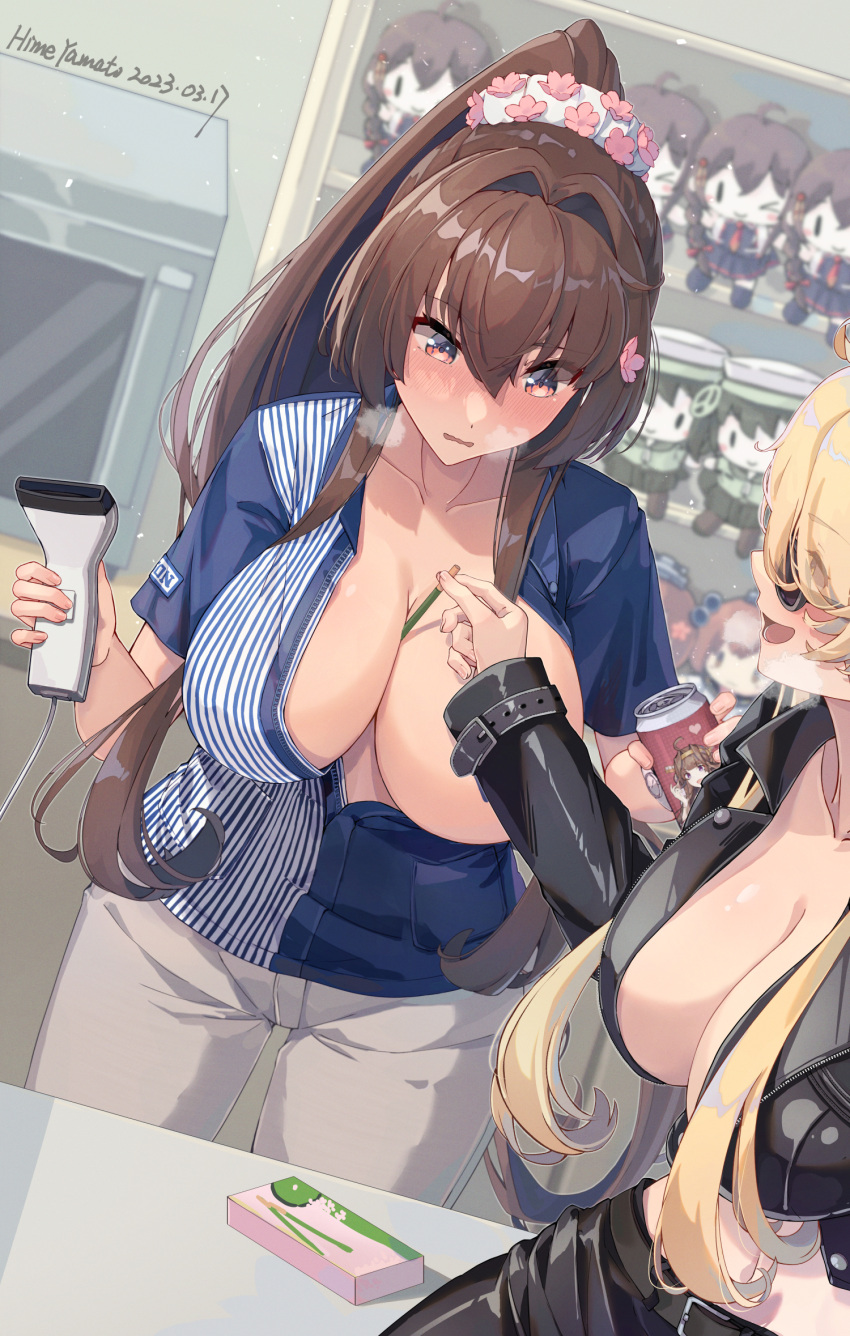 2girls barcode_scanner belt between_breasts black_belt black_skirt blonde_hair blush breasts brown_eyes brown_hair can cashier center_opening character_doll cleavage convenience_store convenient_arm convenient_censoring counter cropped_jacket employee_uniform flower food grey_pants hair_flower hair_ornament high_ponytail highres himeyamato holding holding_can iowa_(kancolle) jacket kantai_collection kongou_(kancolle) large_breasts leather leather_jacket long_hair long_sleeves microwave midriff miniskirt multiple_girls no_bra one_breast_out open_mouth pants pantyhose partially_unbuttoned partially_unzipped pocky scrunchie sexual_harassment shelf shigure_(kancolle) shigure_kai_san_(kancolle) shirt shop short_sleeves sidelocks skirt slap_mark slap_mark_on_face sleeves_past_wrists source_quote store_clerk striped striped_shirt sunglasses terminator_(series) the_terminator uniform vertical-striped_shirt vertical_stripes white_scrunchie yamato_(kancolle) yukikaze_(kancolle) yukikaze_kai_ni_(kancolle) yuri