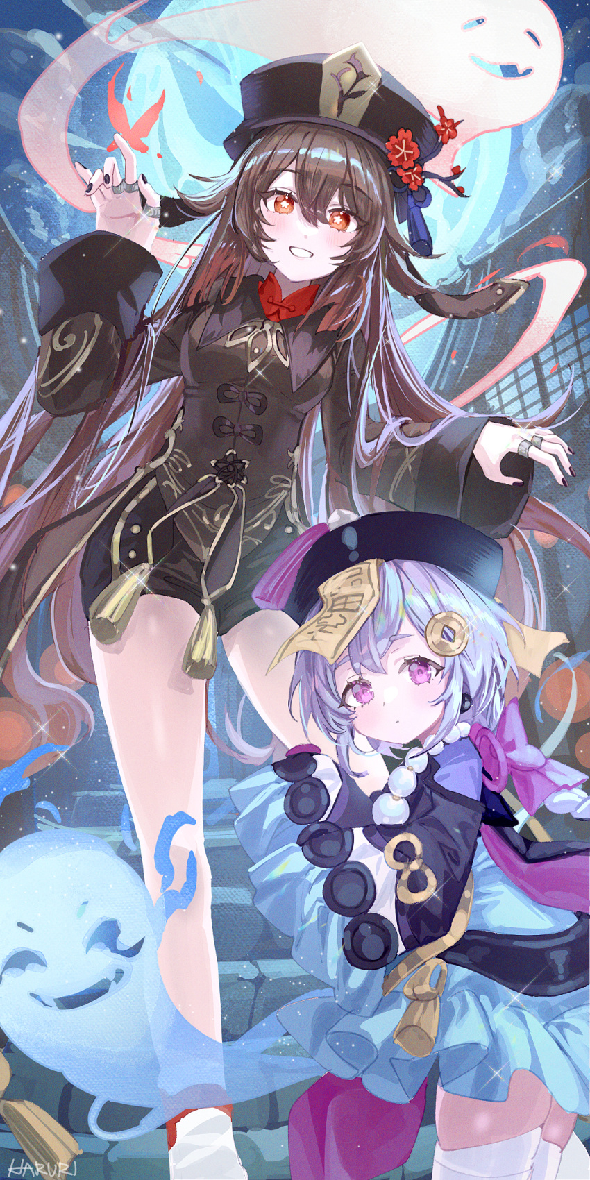 2girls black_headwear black_nails black_shorts blue_dress blush brown_hair brown_jacket closed_mouth cloud commentary_request cropped_jacket dress feet_out_of_frame full_moon genshin_impact ghost hair_between_eyes halloween haruri hat highres hu_tao_(genshin_impact) jacket jewelry long_hair long_sleeves moon multiple_girls nail_polish night night_sky outdoors purple_eyes purple_hair purple_jacket qiqi_(genshin_impact) red_eyes red_shirt ring shirt short_eyebrows short_shorts shorts sky sleeves_past_fingers sleeves_past_wrists smile stairs standing thick_eyebrows thighhighs very_long_hair white_thighhighs wide_sleeves