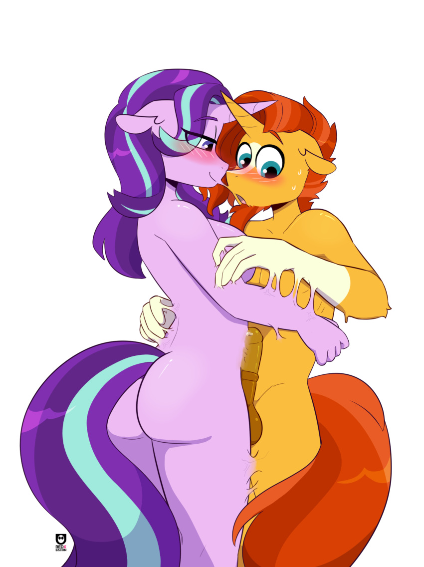 after_kiss animal_genitalia animal_penis anthro anthrofied assimilation balls blue_eyes blush breasts equid equine equine_genitalia equine_penis erection facial_hair female friendship_is_magic fur genitals goo_transformation hair hasbro hi_res horn male male/female mammal medial_ring melting my_little_pony orange_hair penis pink_body pink_fur purple_hair redxbacon starlight_glimmer_(mlp) sunburst_(mlp) transformation unicorn yellow_body yellow_fur