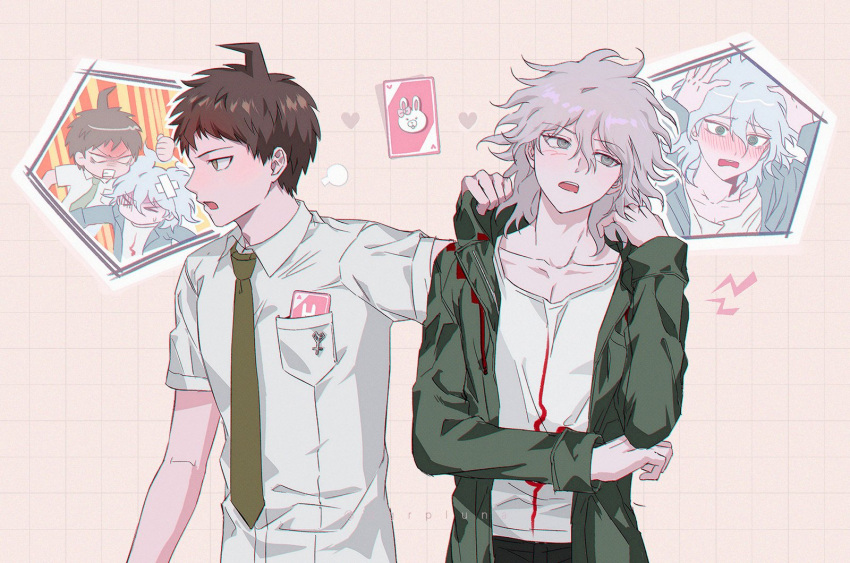 2boys ahoge angry badge bandaid bandaid_on_head blush boleum_(dgrpluna) breast_pocket brown_hair card clothes_grab collarbone collared_shirt cowboy_shot d: danganronpa_(series) danganronpa_2:_goodbye_despair grabbing green_jacket green_necktie grey_eyes grey_hair hair_between_eyes hand_up highres hinata_hajime jacket komaeda_nagito long_sleeves male_focus messy_hair multiple_boys multiple_views necktie open_clothes open_jacket playing_card pocket print_shirt shirt teeth upper_body upper_teeth_only usami_(danganronpa) white_shirt