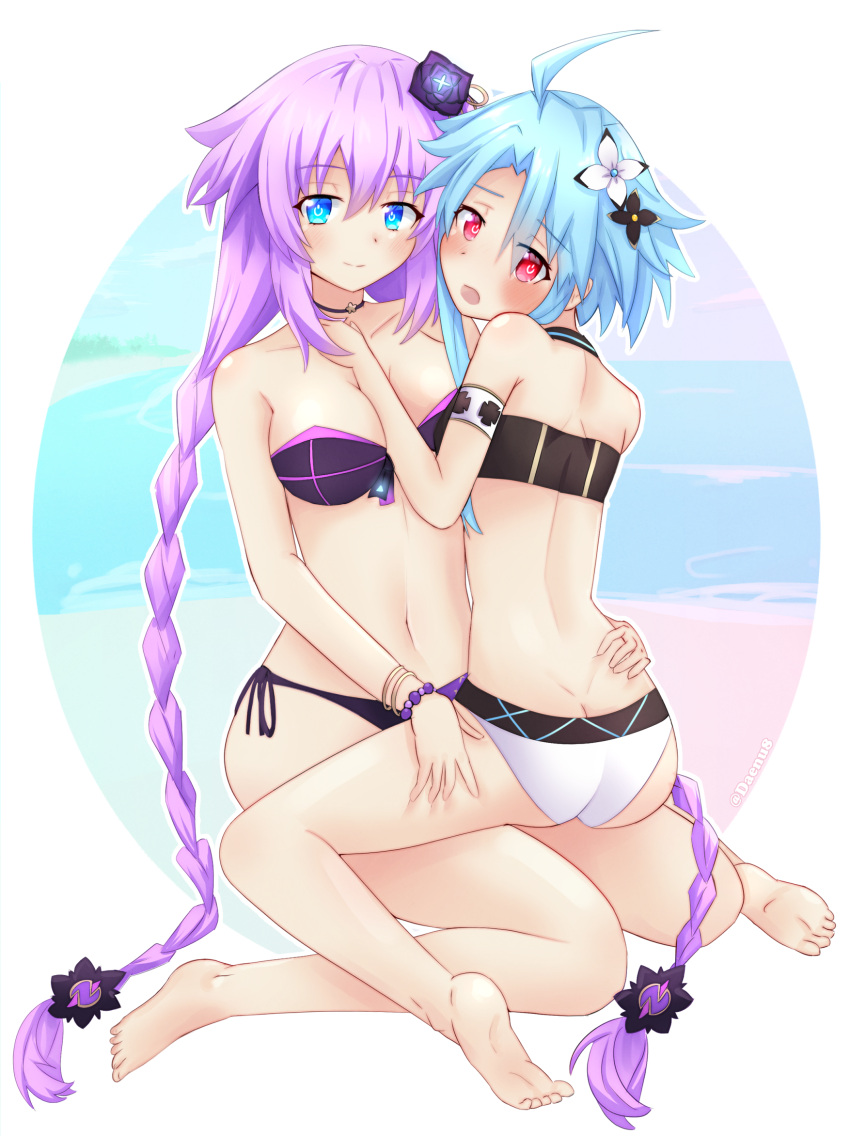 2girls :o arm_between_breasts arm_strap ass beach bead_bracelet beads between_breasts bikini black_flower blue_eyes blue_hair blush bracelet braid breasts butt_crack commentary_request daenu day embarrassed flower framed_image from_behind front-tie_bikini_top front-tie_top full_body hair_between_eyes hair_flower hair_ornament hand_around_waist hand_on_another's_thigh hand_on_another's_waist hand_up hands_up highres hug jewelry kneeling large_breasts long_hair looking_at_viewer looking_back medium_breasts medium_hair multiple_girls navel neptune_(series) ocean open_mouth outdoors power_symbol purple_flower purple_hair purple_heart_(neptunia) red_eyes side-tie_bikini_bottom sitting sitting_on_lap sitting_on_person smile straddling surprised swimsuit symbol-shaped_pupils thigh_grab twin_braids twintails two-tone_bikini very_long_hair white_flower white_heart_(neptunia) wristband yuri