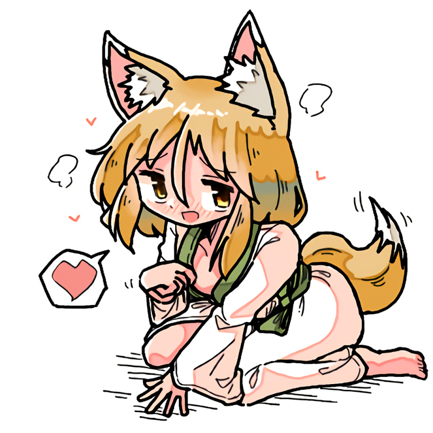 1girl animal_ear_fluff animal_ears barefoot blush breasts dot_nose fox_ears fox_girl fox_tail green_ribbon hatching_(texture) heart kasuya_baian kudamaki_tsukasa linear_hatching long_sleeves looking_at_viewer medium_breasts on_ground ribbon romper simple_background sitting solo tail tail_wagging touhou white_background white_romper wide_sleeves yellow_eyes