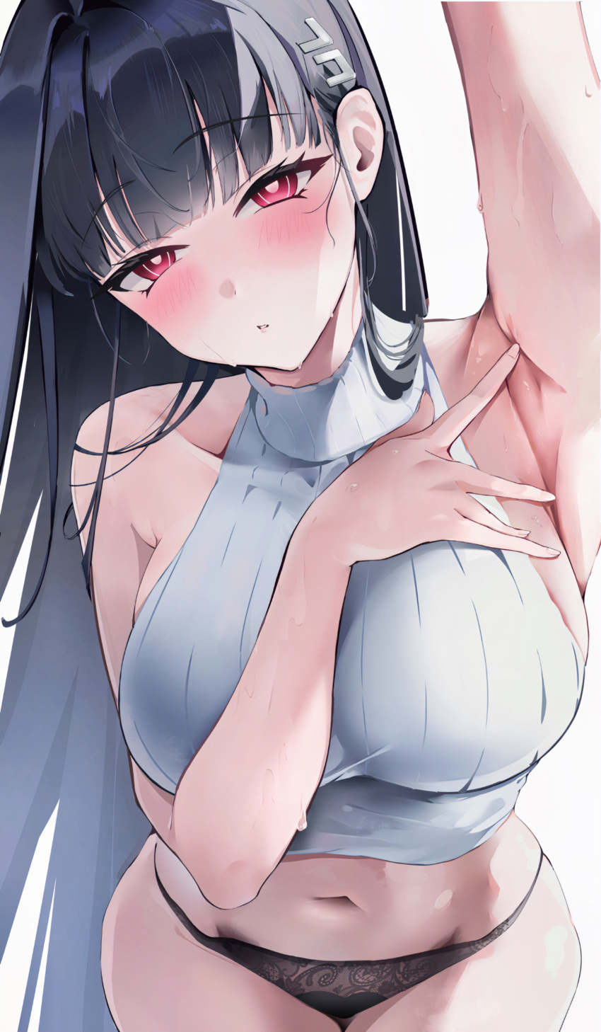 1girl absurdres arm_up armpits bare_shoulders black_hair black_panties blue_archive blunt_bangs blush breasts bright_pupils commentary_request cropped_sweater fangwan hair_ornament hairclip highres large_breasts long_hair looking_at_viewer midriff navel panties presenting_armpit red_eyes ribbed_sweater rio_(blue_archive) sleeveless sleeveless_sweater solo spread_armpit sweat sweater turtleneck turtleneck_sweater underwear very_long_hair white_background white_sweater