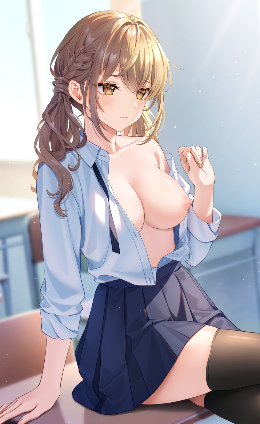 1girl absurdres arm_support black_thighhighs blue_skirt blush braid breasts brown_eyes brown_hair closed_mouth collarbone collared_shirt commentary_request crossed_legs day desk fujitatoru hand_up highres indoors large_breasts long_hair nipples no_bra on_desk one_breast_out original pleated_skirt school_desk school_uniform shirt shirt_tucked_in sitting sitting_on_desk skirt sleeves_rolled_up solo thighhighs underwear white_shirt zettai_ryouiki
