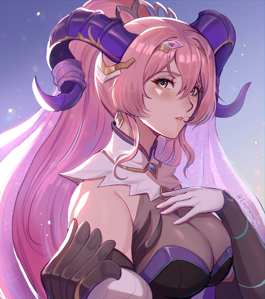 1girl absurdres breasts cleavage crying curled_horns evomanaphy fire_emblem fire_emblem_heroes gloves gradient_hair hair_ornament hairband highres horns large_breasts long_hair multicolored_hair nerthuz_(fire_emblem) pink_hair purple_eyes purple_hair sleeveless solo tears two-tone_hair veil