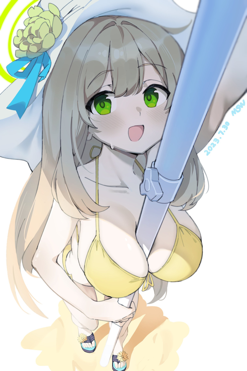 1girl absurdres artist_name bare_arms bare_legs beach_umbrella between_breasts bikini blue_archive bow breasts collarbone dated dutch_angle flower foreshortening from_above front-tie_bikini_top front-tie_top green_eyes halo hat hat_bow hat_flower highres large_breasts long_hair midsummerw nonomi_(blue_archive) nonomi_(swimsuit)_(blue_archive) open_mouth sand sandals smile solo sun_hat sweatdrop swimsuit umbrella very_long_hair white_headwear yellow_bikini