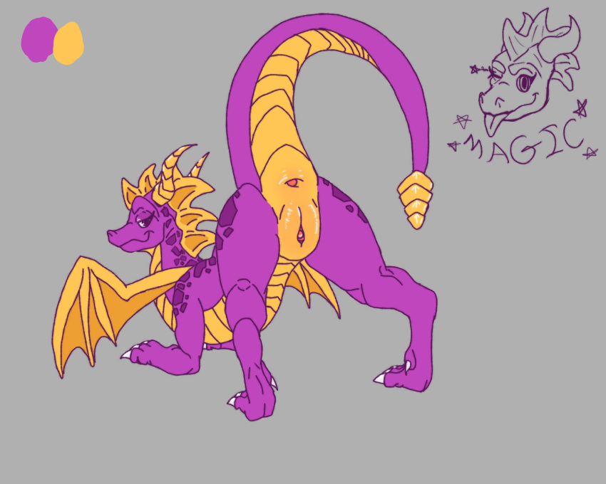 activision bedroom_eyes butt crossgender dragon female feral genitals hi_res horn mtf_crossgender narrowed_eyes presenting presenting_hindquarters presenting_pussy pussy seductive smug_face solo spyro spyro_the_dragon universaldragon wings