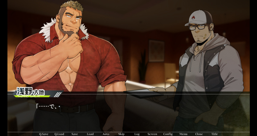 2boys bandaid bandaid_on_cheek bandaid_on_face bara baseball_cap beard collared_shirt cowboy_hat denim facial_hair frown goatee grey_hoodie hat highres hood hoodie jacket jeans large_pectorals male_focus mature_male mizuki_gai multicolored_hair multiple_boys muscular muscular_male open_clothes open_jacket original paid_reward_available pants partially_unbuttoned pectorals red_shirt scar scar_across_eye scar_on_arm scar_on_chest shirt short_hair stroking_beard thick_eyebrows two-tone_hair yaoi zero_(gai_mizuki)