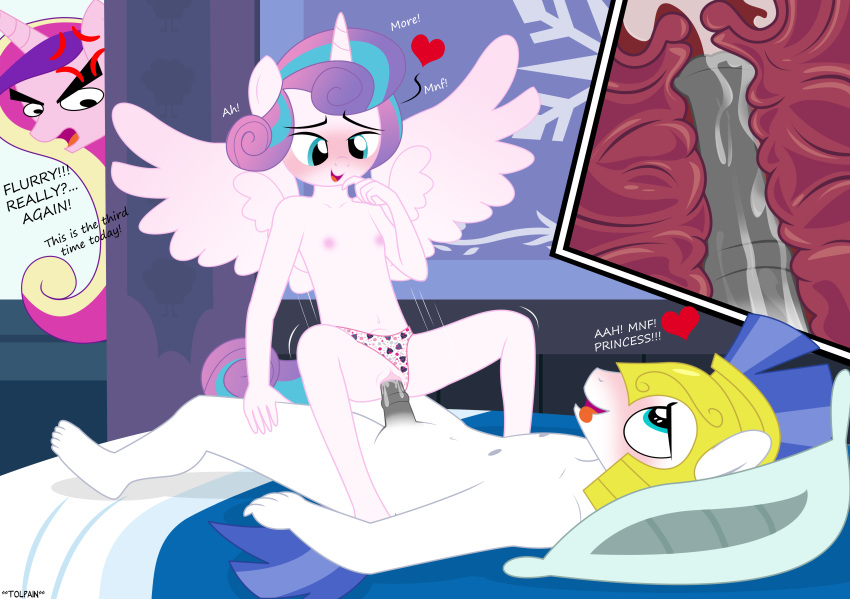 absurd_res age_difference angry anthro bodily_fluids clothing clothing_aside cross-popping_vein cum cum_in_pussy cum_inside duo equid equine female flurry_heart_(mlp) friendship_is_magic genital_fluids hasbro hi_res horse male male/female mammal my_little_pony pony princess_cadance_(mlp) royal_guard_(mlp) tolpain underwear underwear_aside younger_female